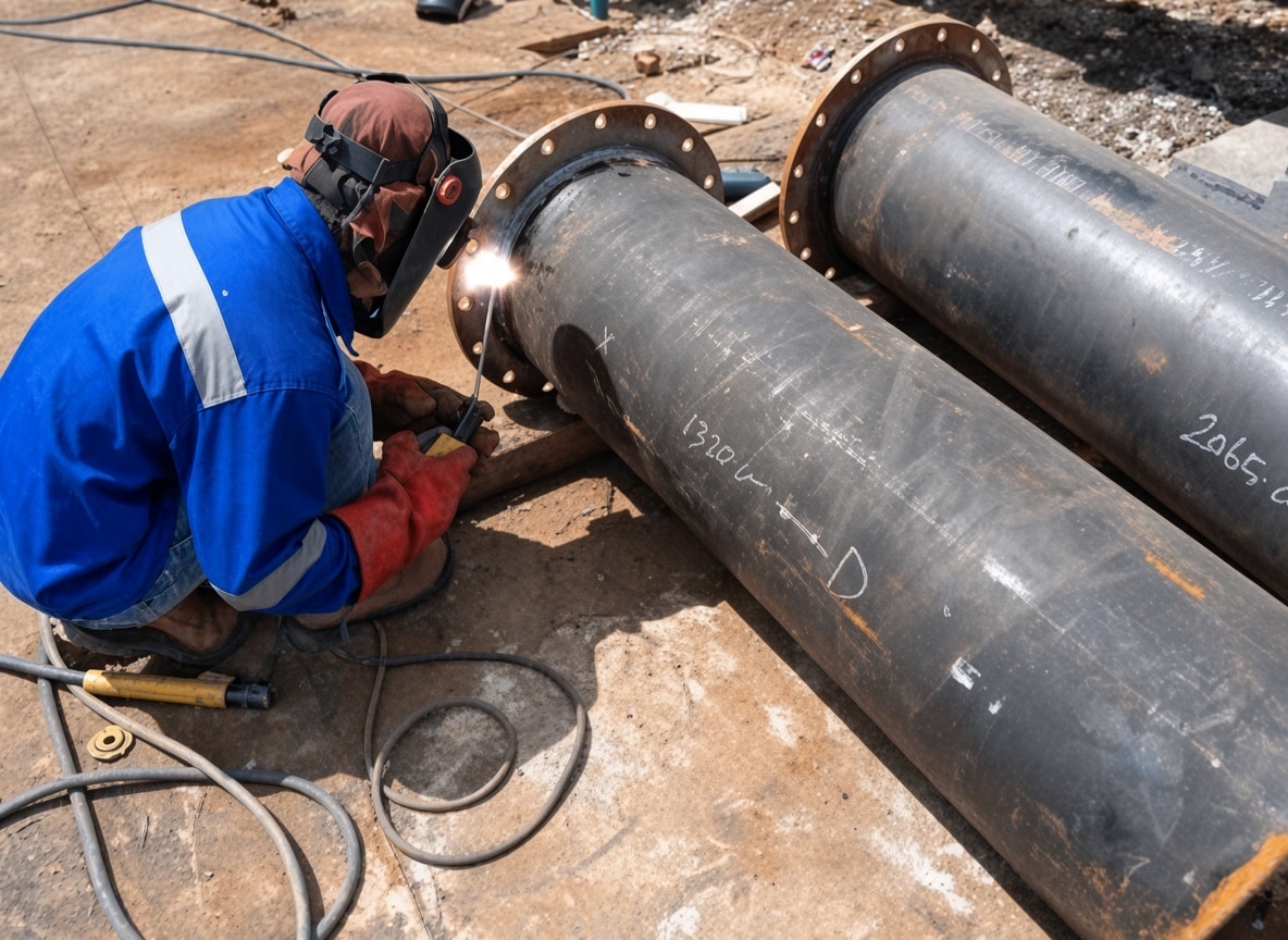 Welder joining a flange to a large-bore pipe