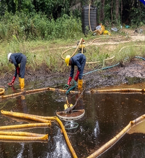 Crew recovering oil inside booms at a swamp site